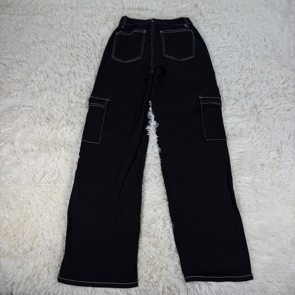 Forever 21 Twill Mid Rise Carpenter Cargo Wide Leg Pant Denim Women's XS Black - Picture 10 of 16